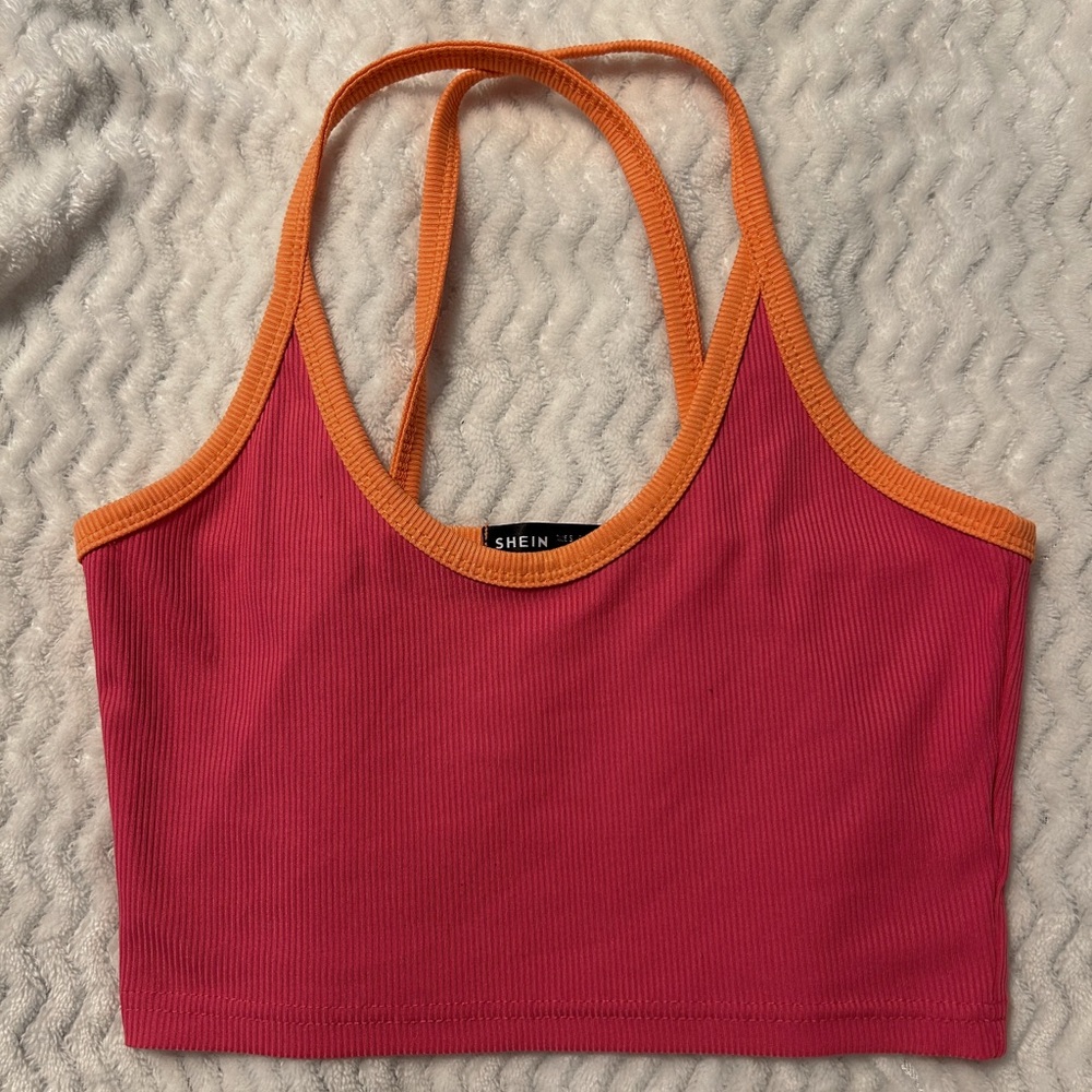 pink and orange contrast ribbed tank top